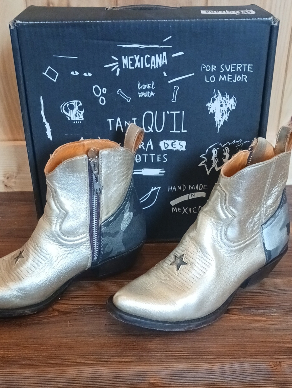 Mexicana Brand Womens Western Leather Ankle Boots Maya Star Gold /camo Size 7.5